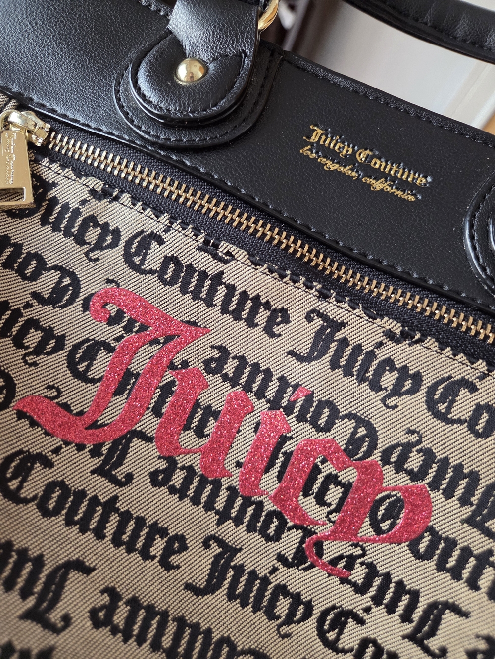 Juicy Couture Black and Beige Logo Tote with Pink Accent